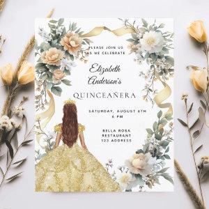 Quinceanera gold dress florals greenery
