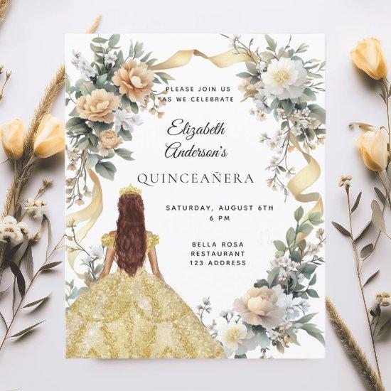 Quinceanera gold dress florals greenery