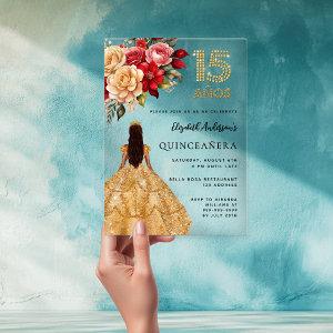 Quinceanera gold dress florals roses clear acrylic