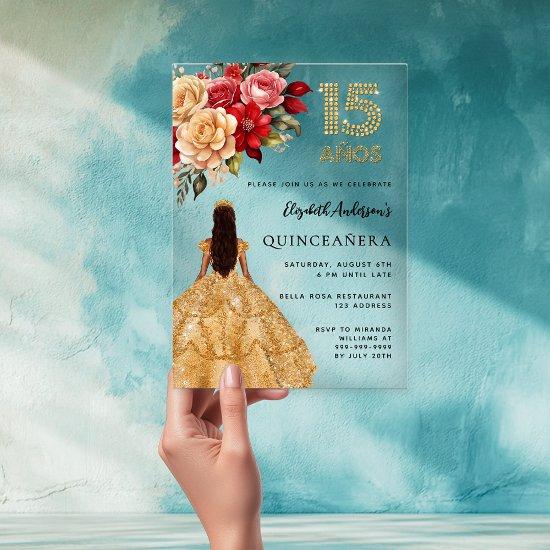 Quinceanera gold dress florals roses clear acrylic