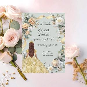 Quinceanera gold dress florals sage green