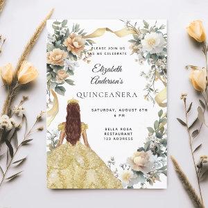 Quinceanera gold dress florals sage green