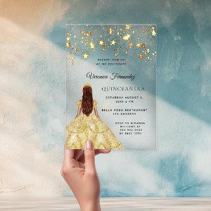 Quinceanera gold dress stars clear acrylic