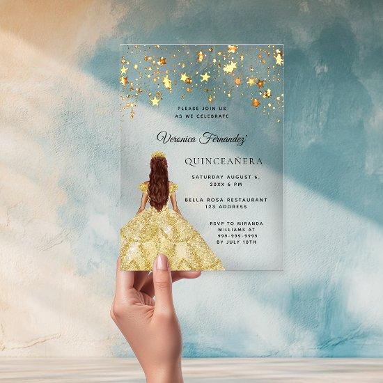 Quinceanera gold dress stars clear acrylic