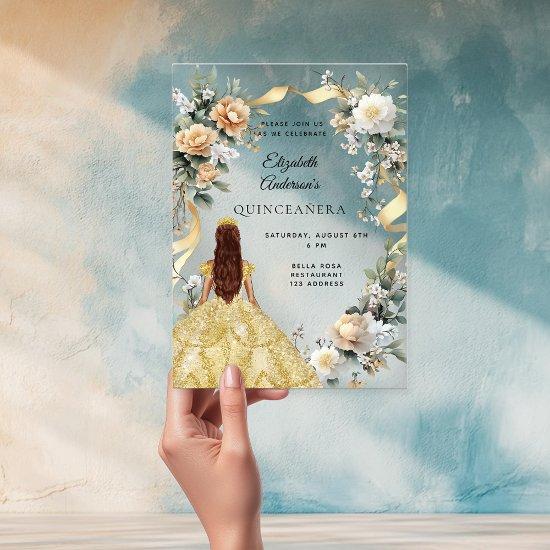 Quinceanera gold dress yellow florals clear acrylic