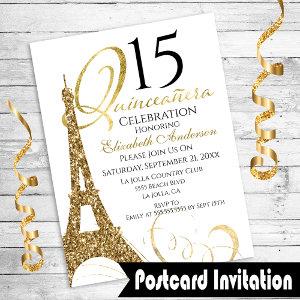 Quinceanera Gold Eiffel Tower 15th Birthday Invite