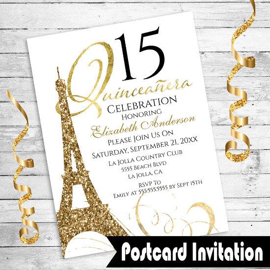 Quinceanera Gold Eiffel Tower 15th Birthday Invite