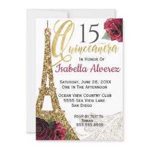 Quinceanera Gold Eiffel Tower Red Rose 15 Birthday