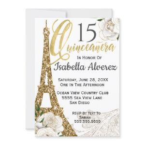 Quinceanera Gold Eiffel Tower Rose 15 Birthday Inv