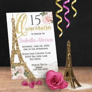 Quinceanera Gold Eiffel Tower Rose 15 Birthday