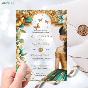 Quinceañera Gold Emerald Green Roses Dress Quince Acrylic