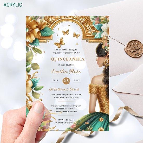 Quinceañera Gold Emerald Green Roses Dress Quince Acrylic