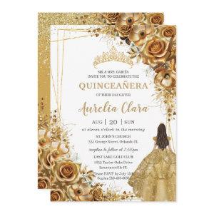 Quinceañera Gold Flowers Floral Princess Dress