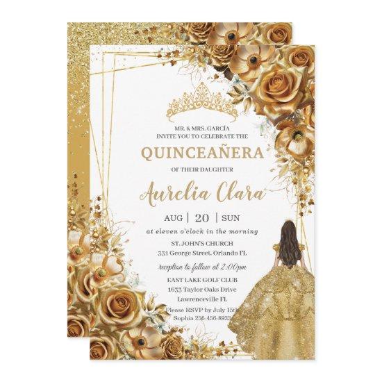 Quinceañera Gold Flowers Floral Princess Dress