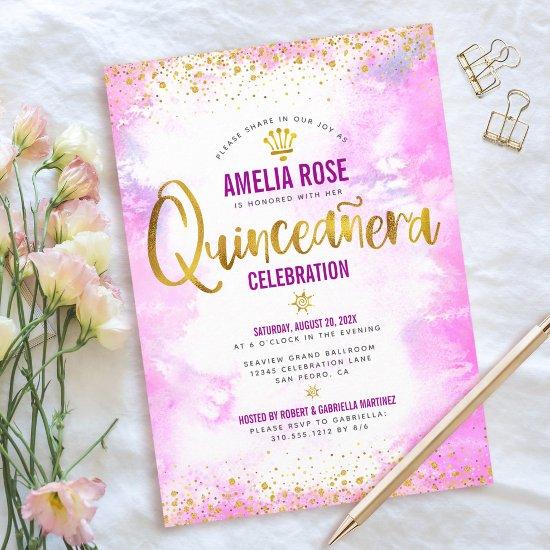 Quinceañera Gold Foil Pink Watercolor Elegant Chic