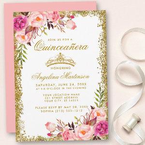 Quinceanera Gold Glitter Crown Pink Floral