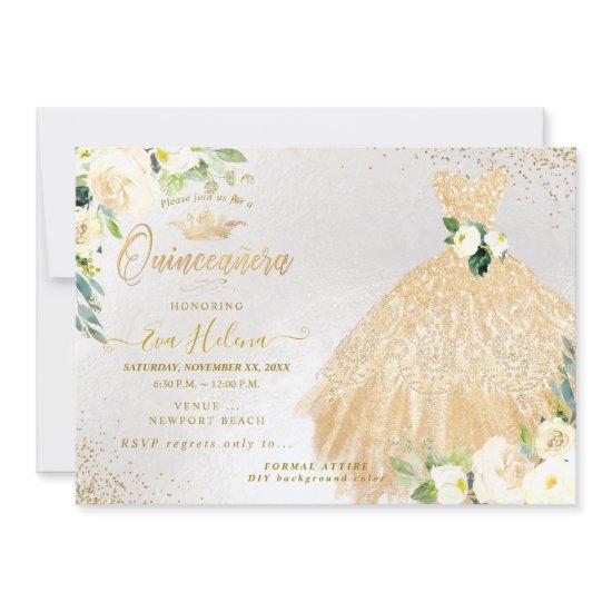 Quinceañera, Gold Glitters Gown Cream Roses