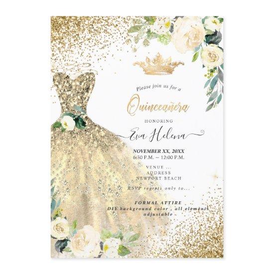 Quinceañera, Gold Glitters Gown Cream Roses