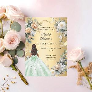 Quinceanera gold green dress florals