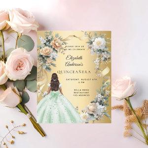 Quinceanera gold green dress florals