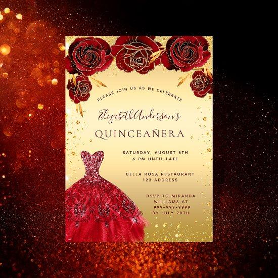 Quinceanera gold red glitter dress florals
