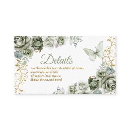 Quinceañera Gold & Sage Green Butterfly Details Enclosure Card