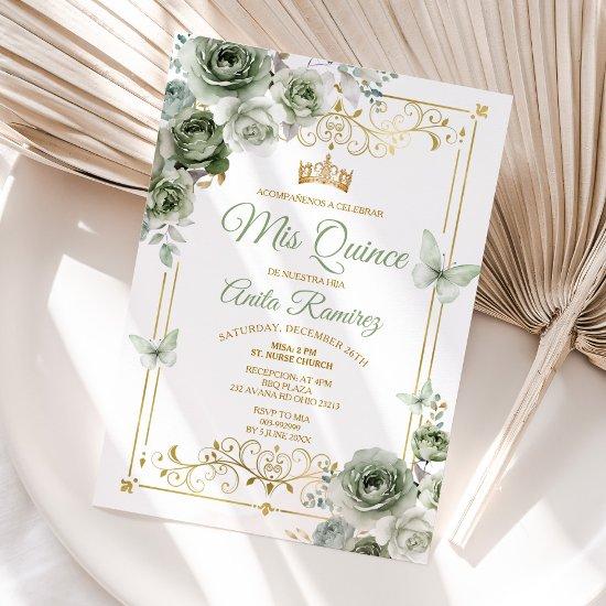 Quinceañera Gold & Sage Green Mexican Butterfly