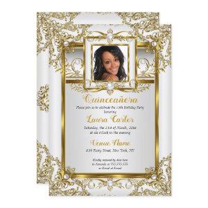 Quinceanera Gold White Pearl Damask Photo Birthday