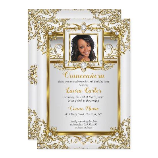 Quinceanera Gold White Pearl Damask Photo Birthday