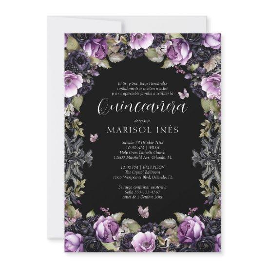 Quinceañera Gótica Morada y Negra con Flores Moody