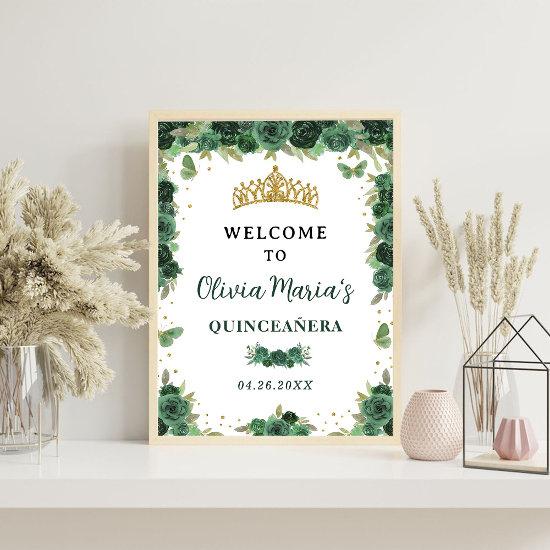 Quinceañera Green Floral Tiara Welcome Sign