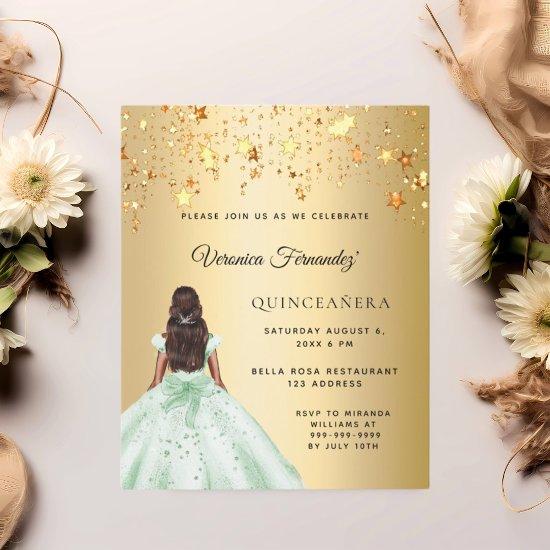 Quinceanera green gold dress stars