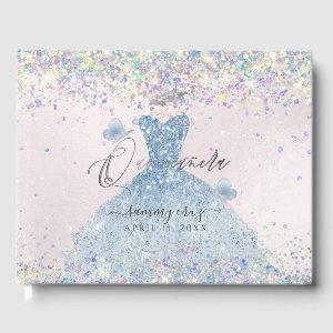 Quinceanera Holographic Confetti Dusty Blue Dress  Guest Book