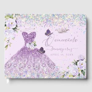 Quinceanera Holographic Confetti Dusty Purple Guest Book