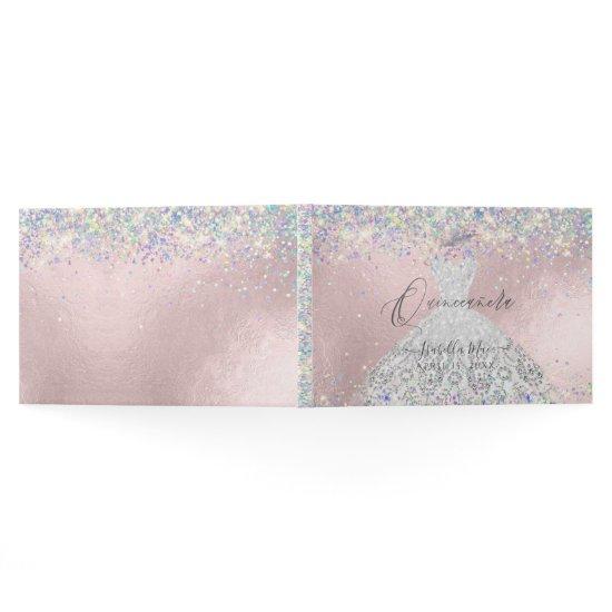 Quinceanera Holographic Confetti White Silver Guest Book