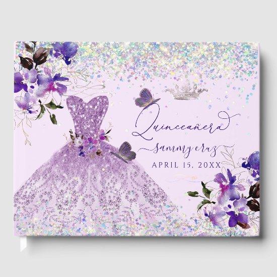Quinceanera Holographic Glitter Purple Sweet Peas  Guest Book