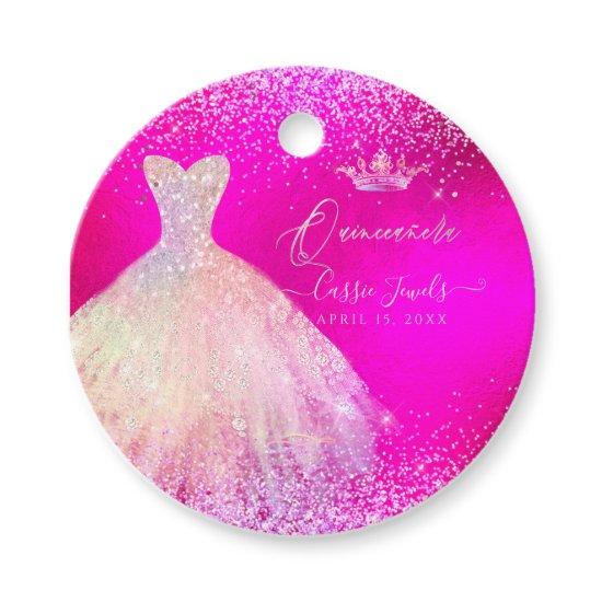Quinceanera Hot Pink+Blush Sparkle Dress Princess Favor Tags