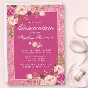Quinceanera Hot Pink Floral Glitter
