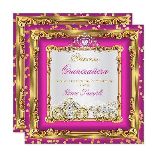 Quinceanera Hot Pink Gold Diamond Horse Carriage