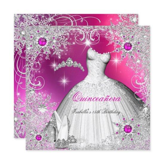 Quinceanera Hot Pink Pearl Silver Winter Snowflake