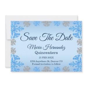 Quinceañera Ice Blue Silver Winter Snowflake Save The Date