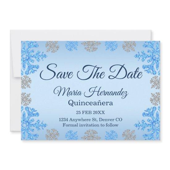 Quinceañera Ice Blue Silver Winter Snowflake Save The Date