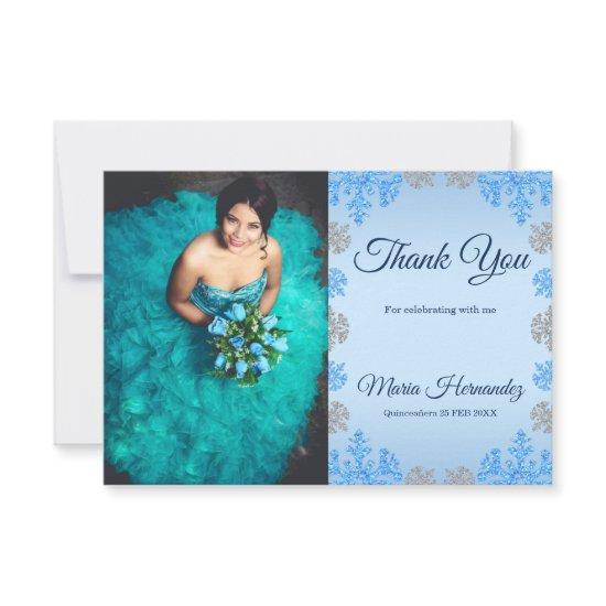 Quinceañera Ice Blue Silver Winter Snowflake Thank You Card