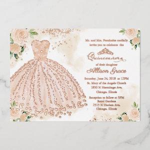 Quinceanera  Floral Blush Gown Rose Gold Foil