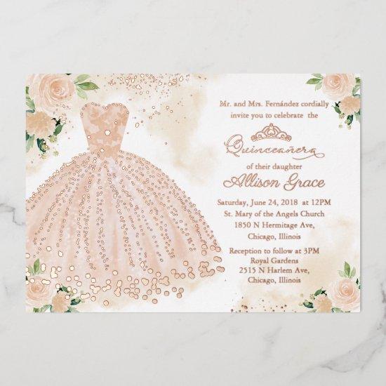 Quinceanera  Floral Blush Gown Rose Gold Foil