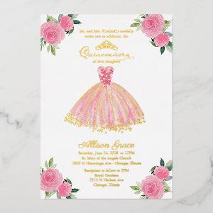 Quinceanera  Floral Hot Pink Gown  Foil