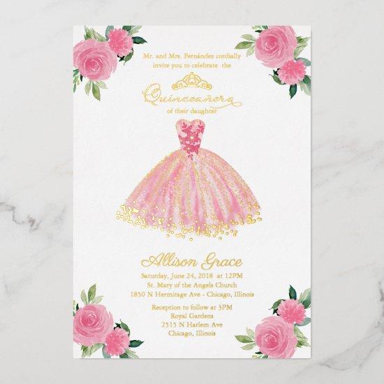 Quinceanera  Floral Hot Pink Gown  Foil