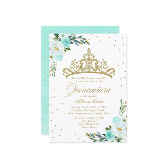 Quinceanera  Gold Tiara And Teal Flowers