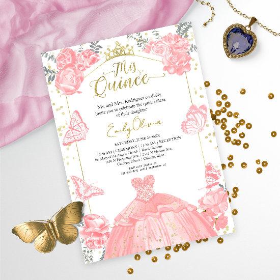 Quinceanera  Pink Dress Floral Gold Foil