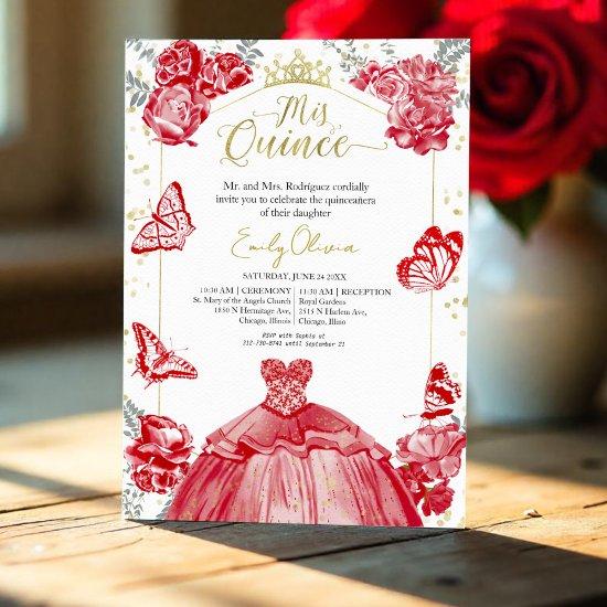 Quinceanera  Red Dress Floral Gold Foil